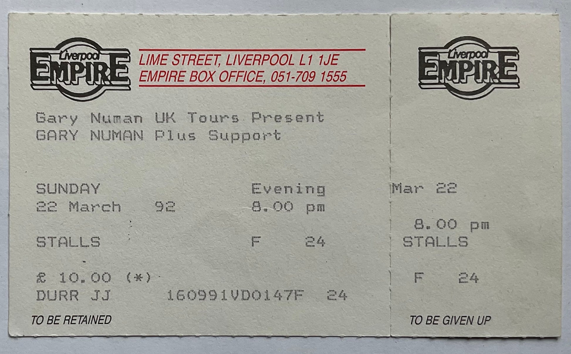 Gary Numan Original Unused Concert Ticket Empire Theatre Liverpool 22nd Mar 1992