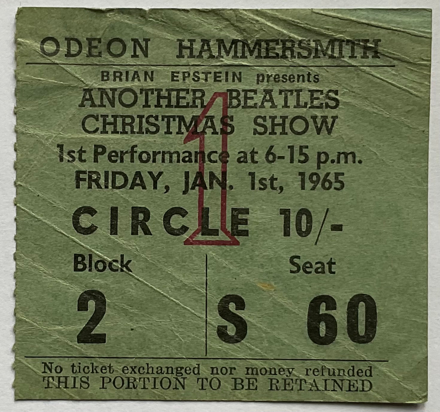 Beatles Original Used Concert Ticket Hammersmith London 1st Jan 1965