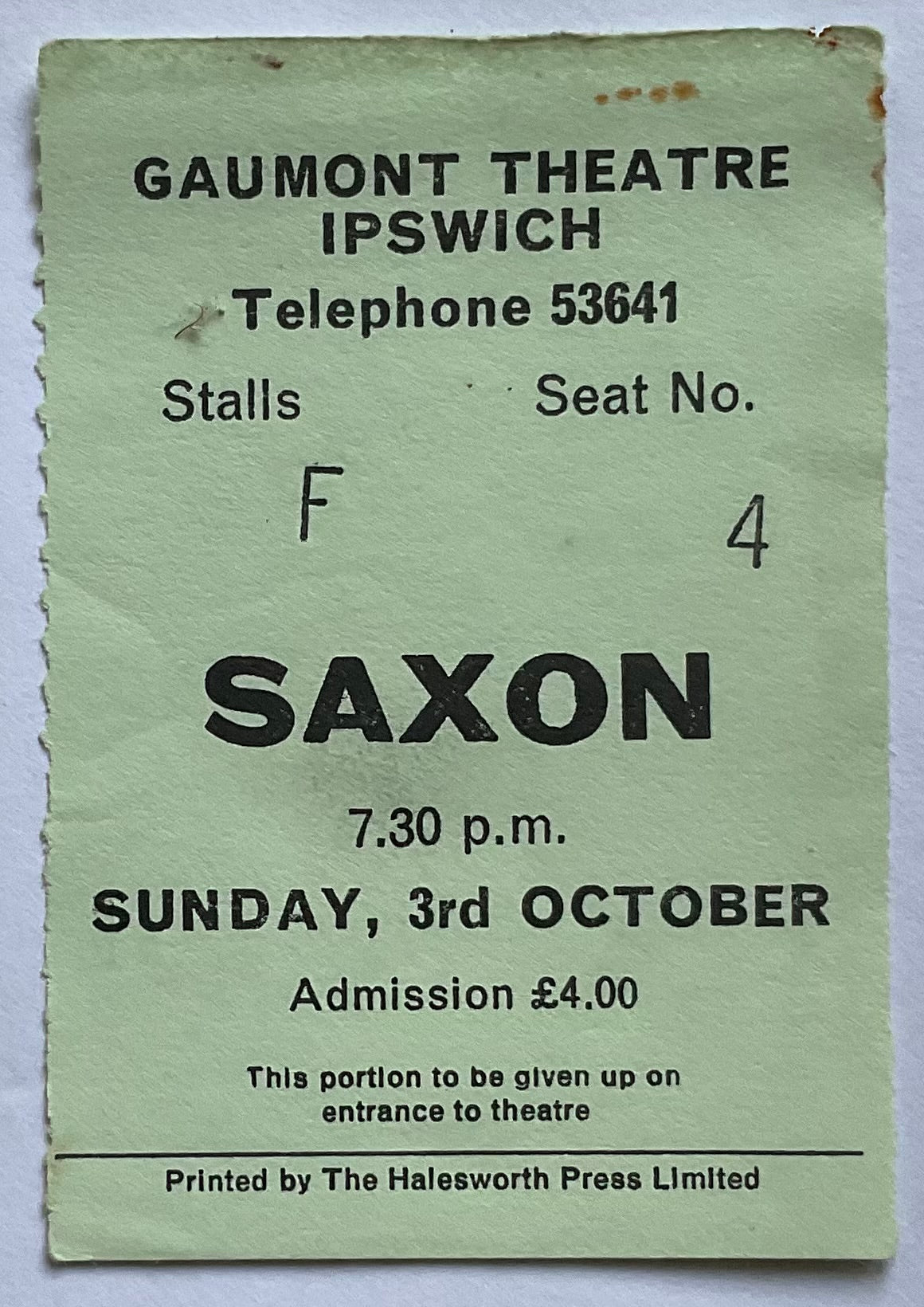 Saxon Original Used Concert Ticket Gaumont Theatre Ipswich 3rd Oct 1982