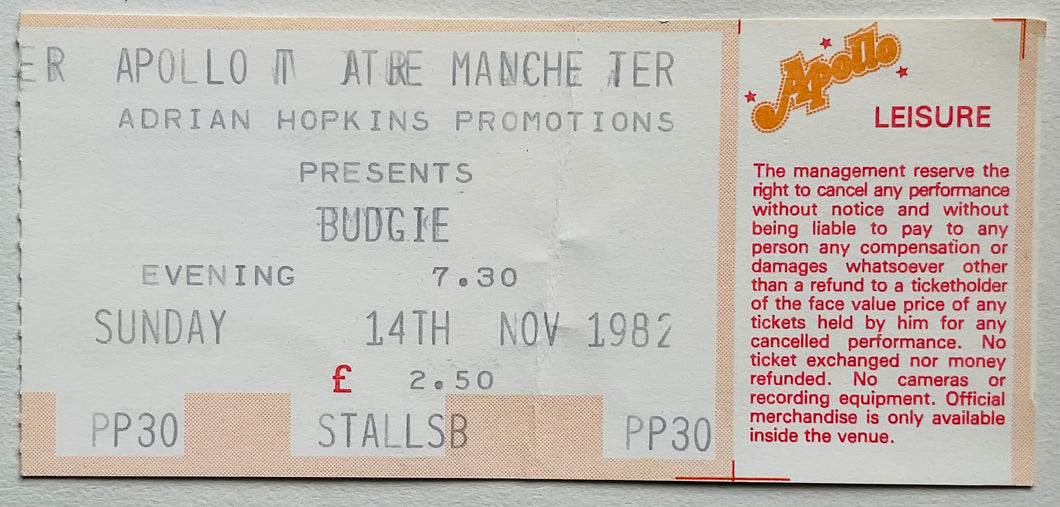 Budgie Original Used Concert Ticket Apollo Theatre Manchester 14th Nov 1982