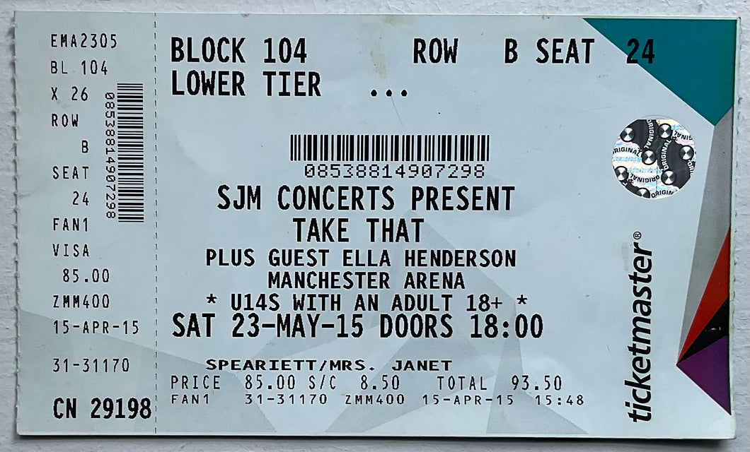 Take That Original Unused Concert Ticket City of Manchester Arena 23rd May 2015