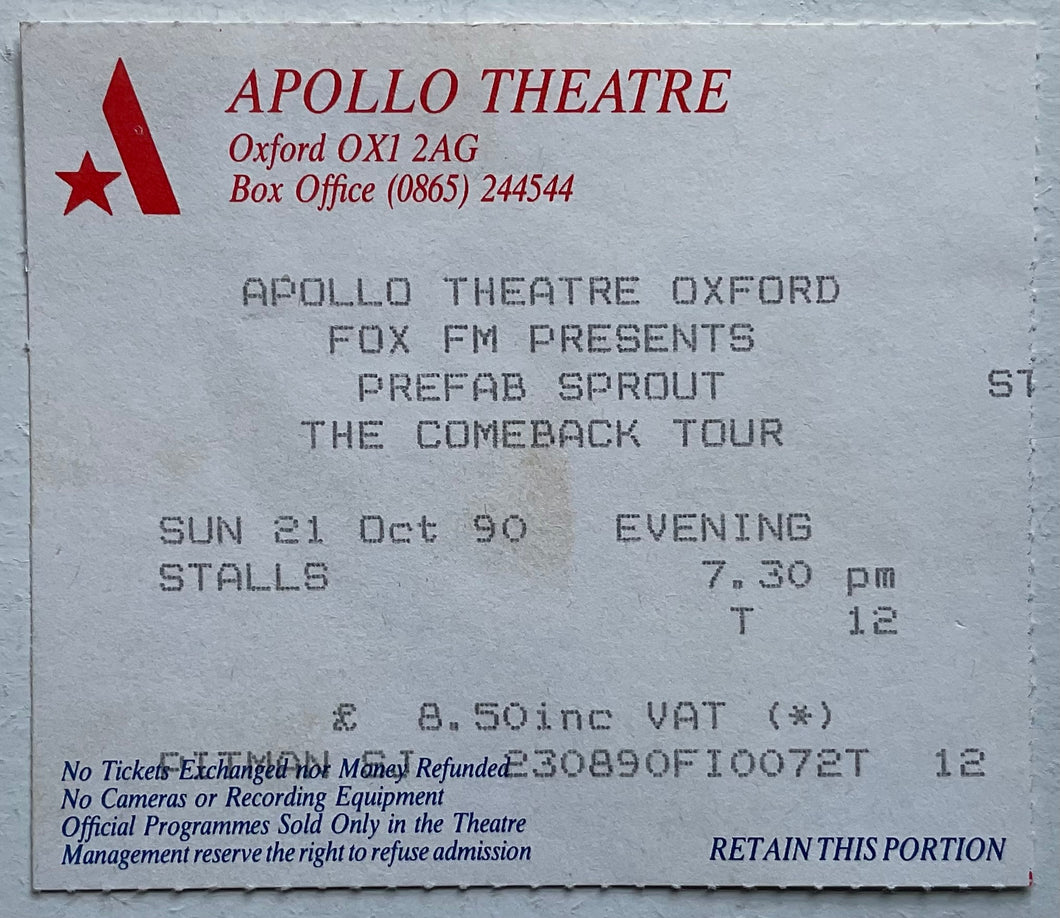 Prefab Sprout Original Used Concert Ticket Apollo Theatre Oxford 21st Oct 1990
