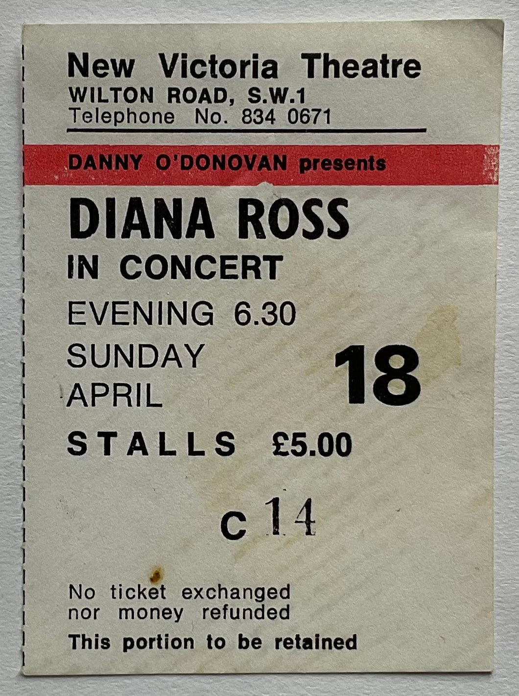 Diana Ross Original Used Concert Ticket New Victoria Theatre London 18th April 1976