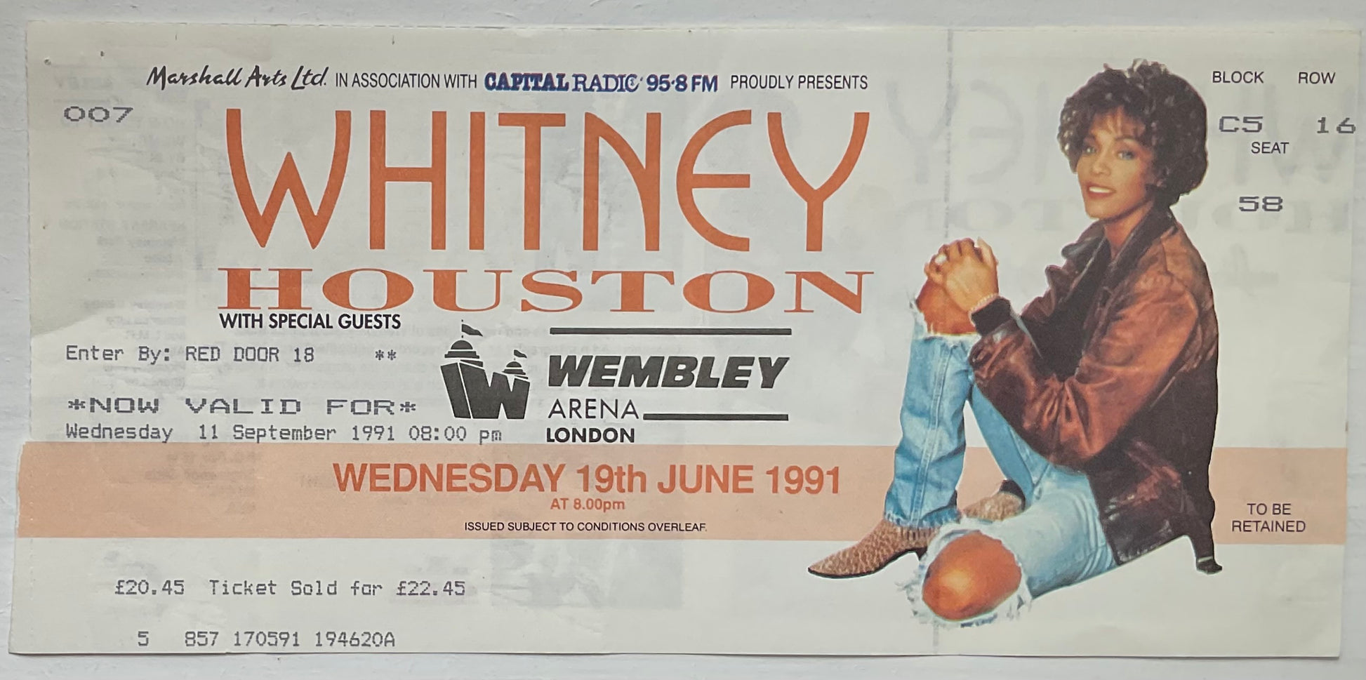 Whitney Houston Original Used Concert Ticket Wembley Arena London 19th Jun 1991