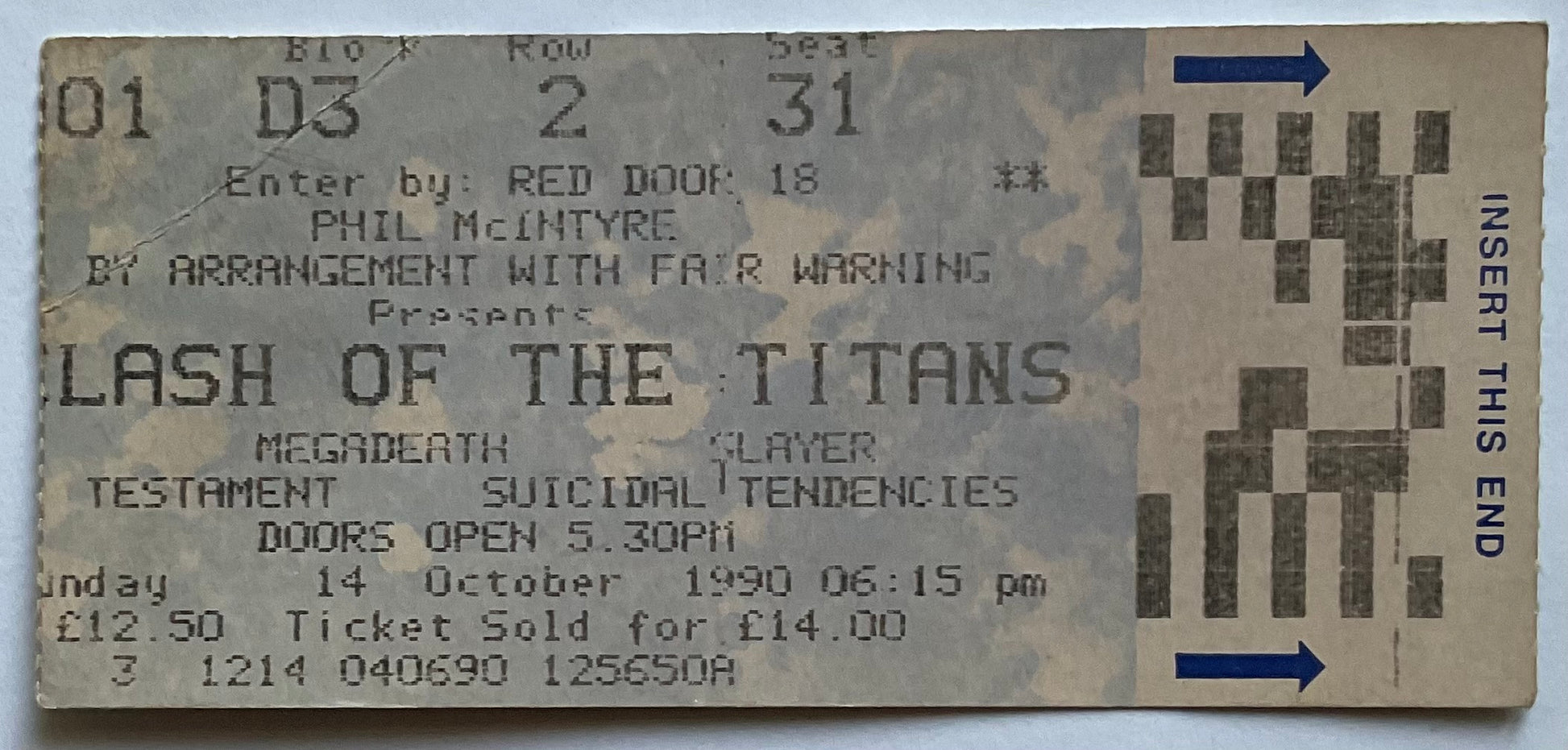 Megadeth Slayer Original Used Concert Ticket Wembley Arena London 14th Oct 1990