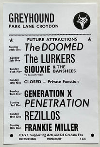 Siouxsie & the Banshees Damned Concert Handbill Flyer Greyhound Croydon Oct/Dec 1978