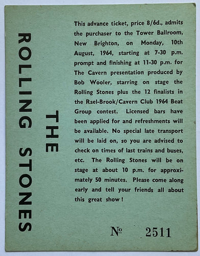 Rolling Stones Original Concert Ticket New Brighton Liverpool 10th Aug 1964