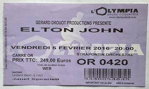 Elton John Original Used Concert Ticket Olympia Bruno Coquatrix Paris 5th Feb 2016