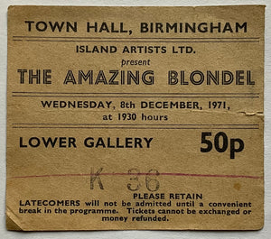 Amazing Blondel Used Concert Ticket Town Hall Birmingham 8th Dec 1971