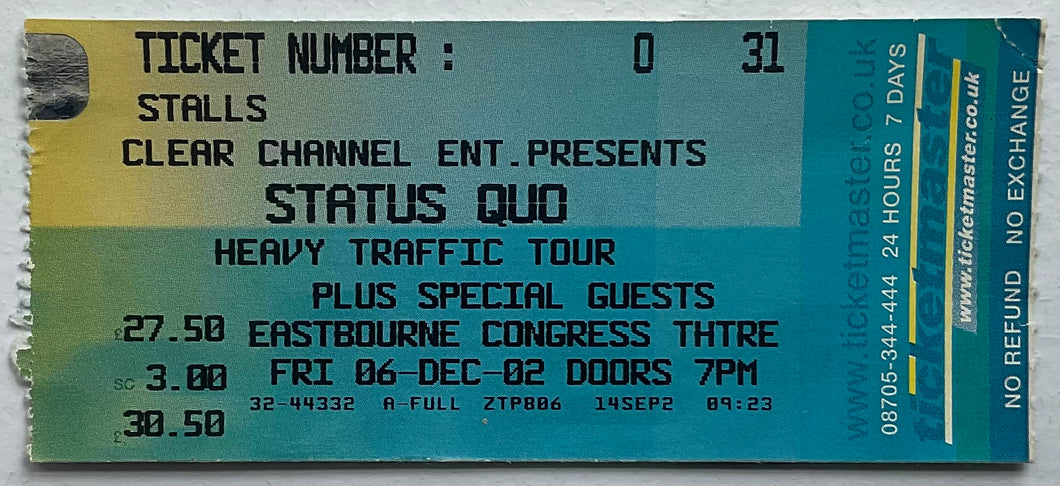 Status Quo Original Used Concert Ticket Congress Theatre Eastbourne 6th Dec 2002