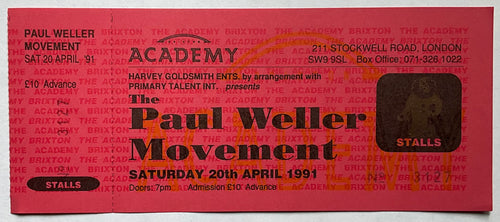 Paul Weller Movement Original Early Unused Concert Ticket Brixton Academy London 20th Apr 1991