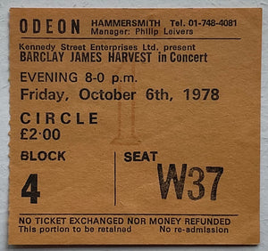 Barclay James Harvest Original Used Concert Ticket Hammersmith Odeon London 6th Oct 1978