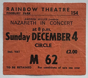 Nazareth Original Used Concert Ticket Rainbow Theatre London 4th Dec 1977