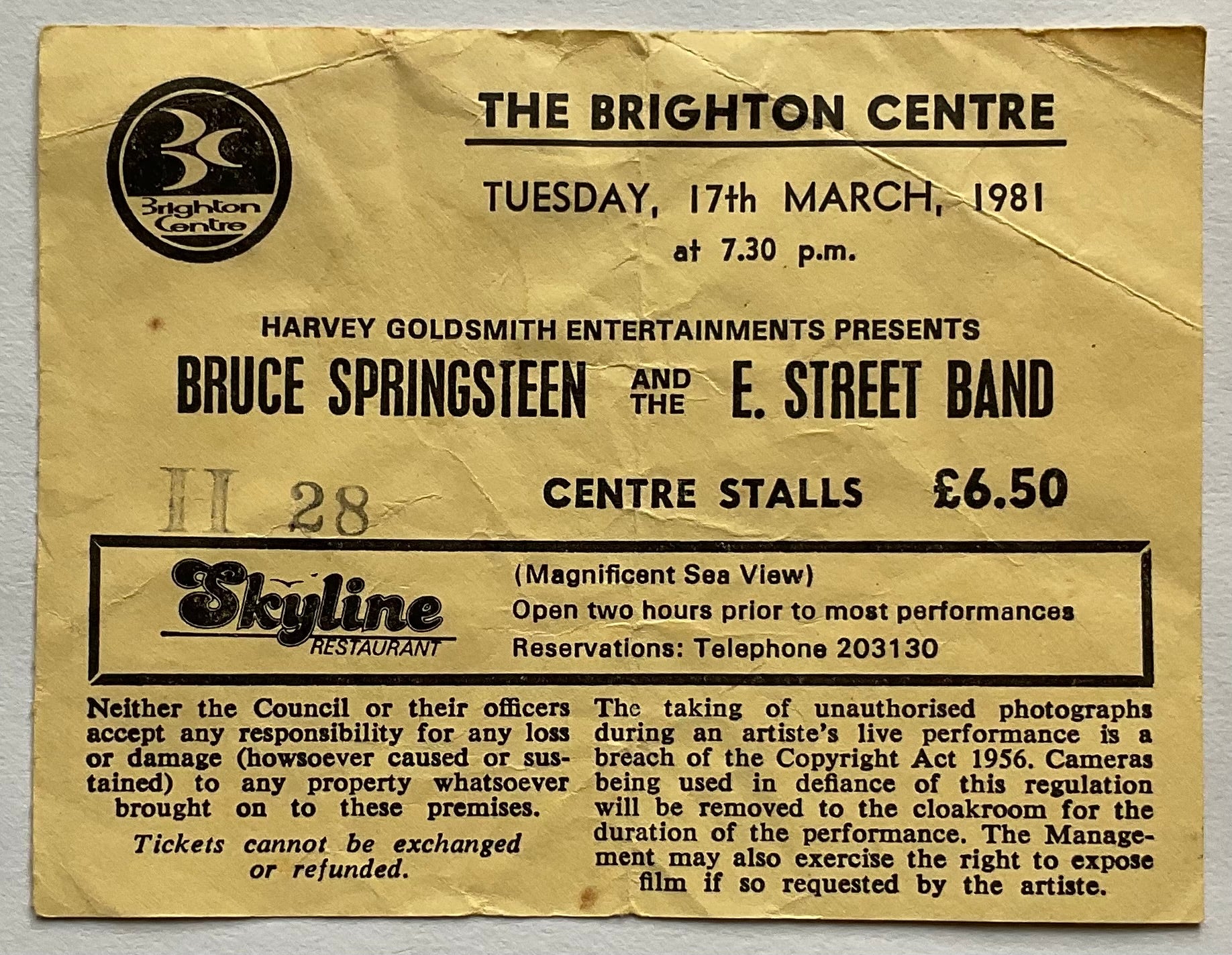 Bruce Springsteen Original Used Concert Ticket Brighton Centre 17th Mar 1981