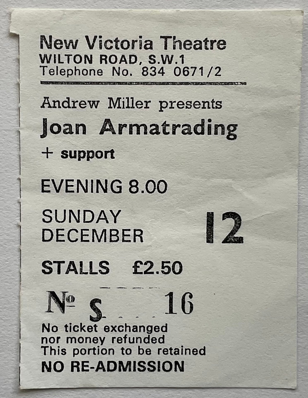 Joan Armatrading Original Used Concert Ticket New Victoria Theatre London 12th Dec 1976