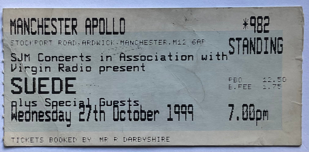 Suede Original Used Concert Ticket Apollo Theatre Manchester 27th Oct 1999