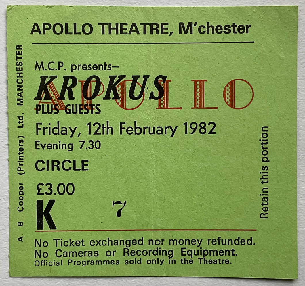 Krokus Original Used Ticket Apollo Theatre Manchester 12th Feb 1982