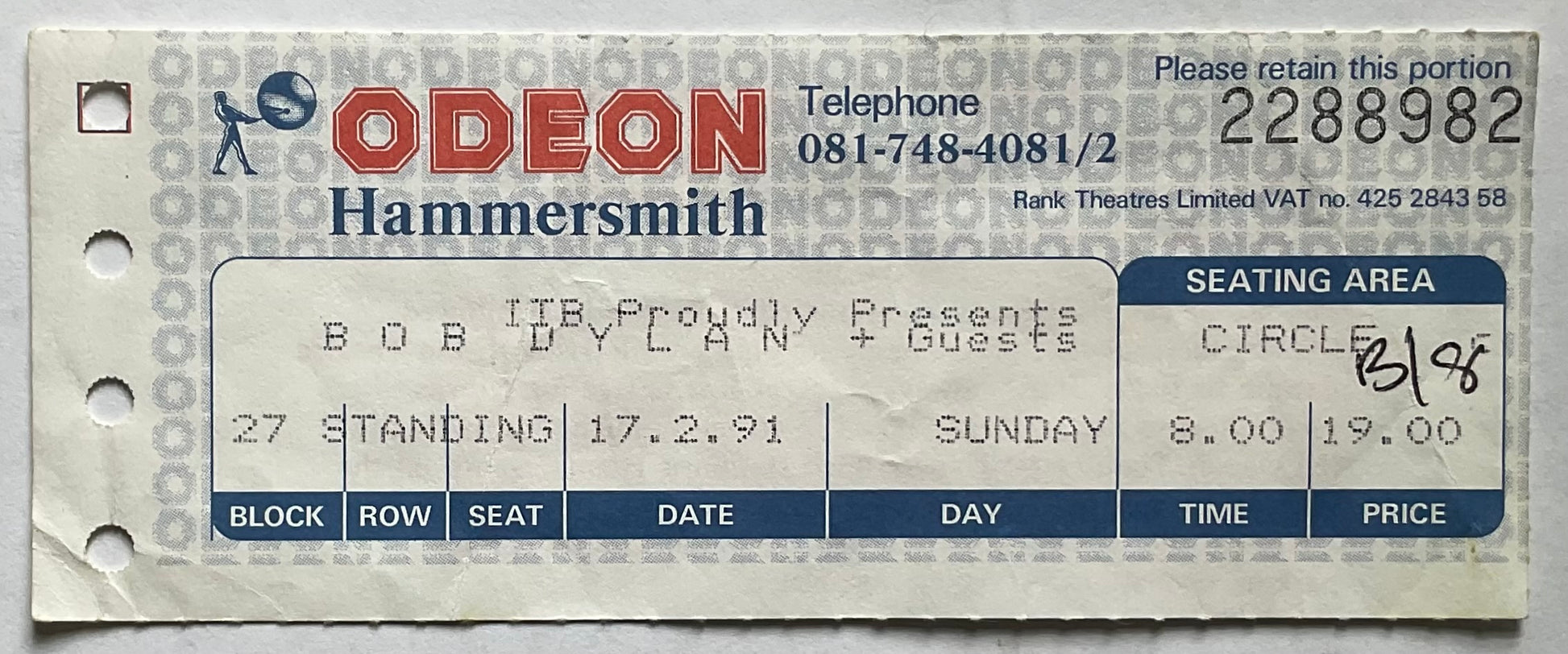 Bob Dylan Original Used Concert Ticket Hammersmith Odeon London 17th Feb 1991
