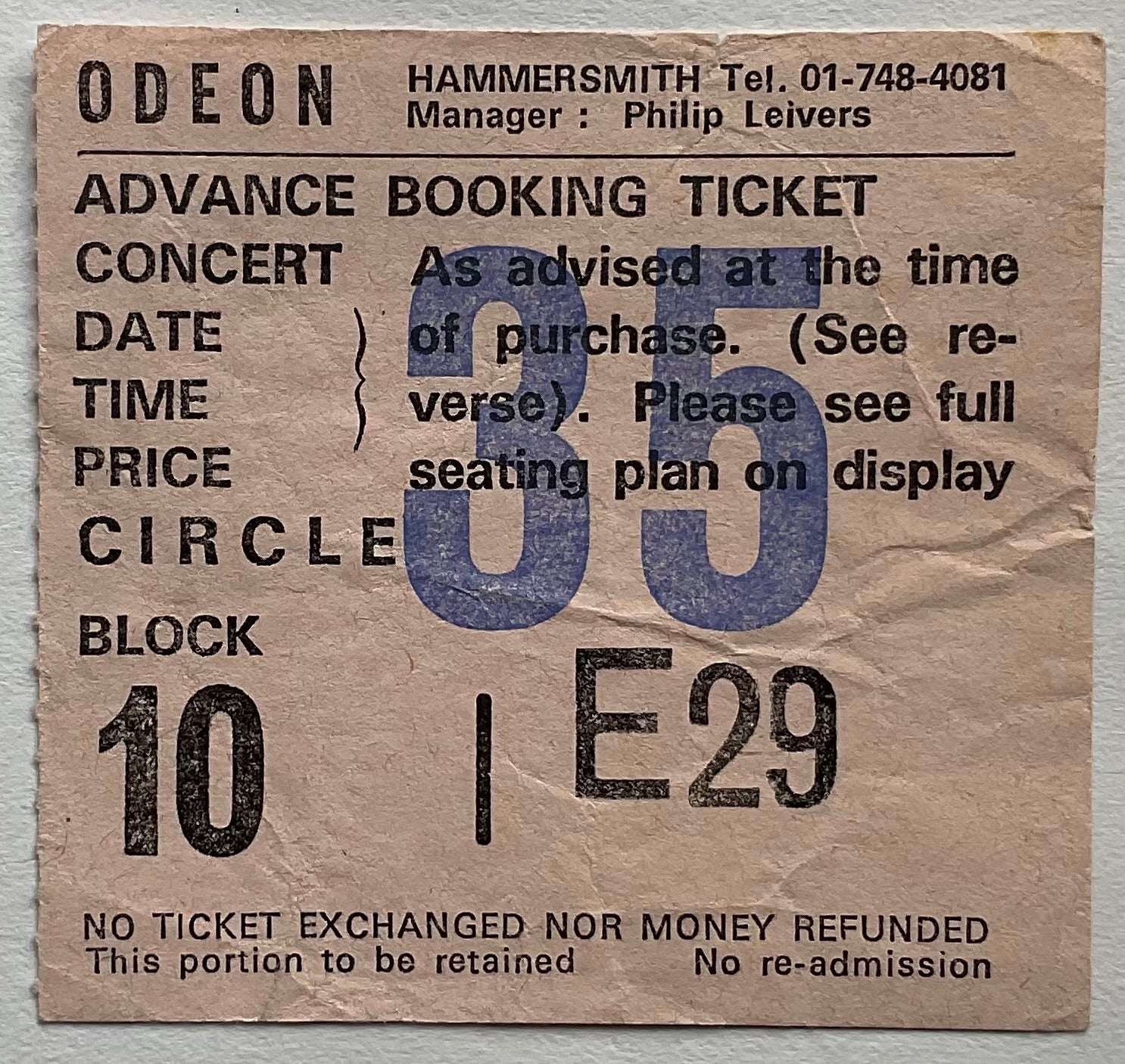 Ry Cooder Original Used Concert Ticket Hammersmith Odeon London 28th May 1982