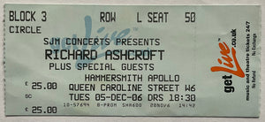 Richard Ashcroft Original Used Concert Ticket Hammersmith Apollo London 5th Dec 2006