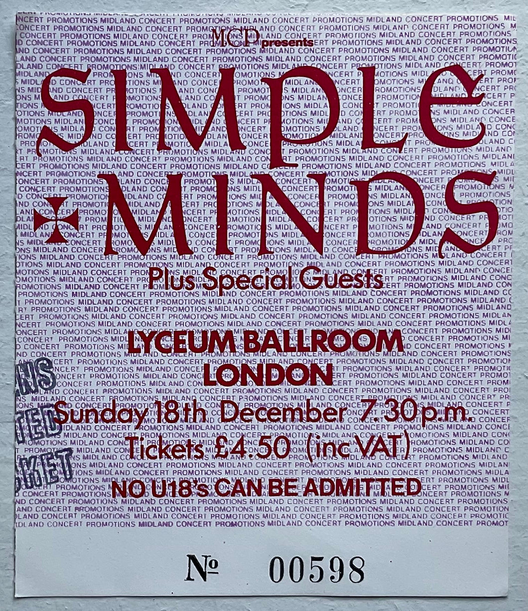Simple Minds Original Used Concert Ticket Lyceum Ballroom London 18th Dec 1983