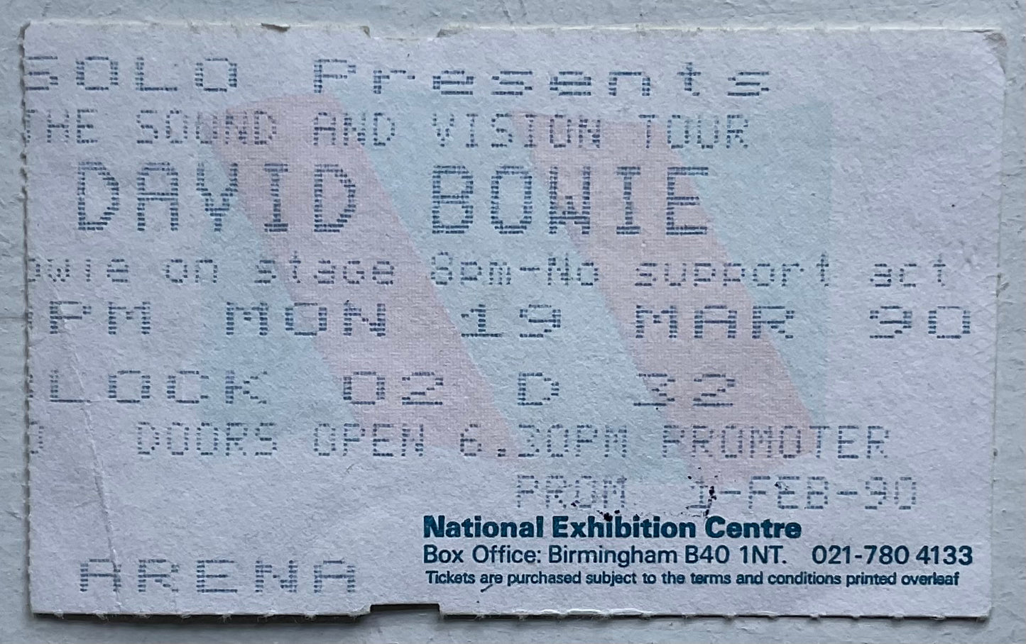 David Bowie Original Used Concert Ticket NEC Arena 19th March 1990