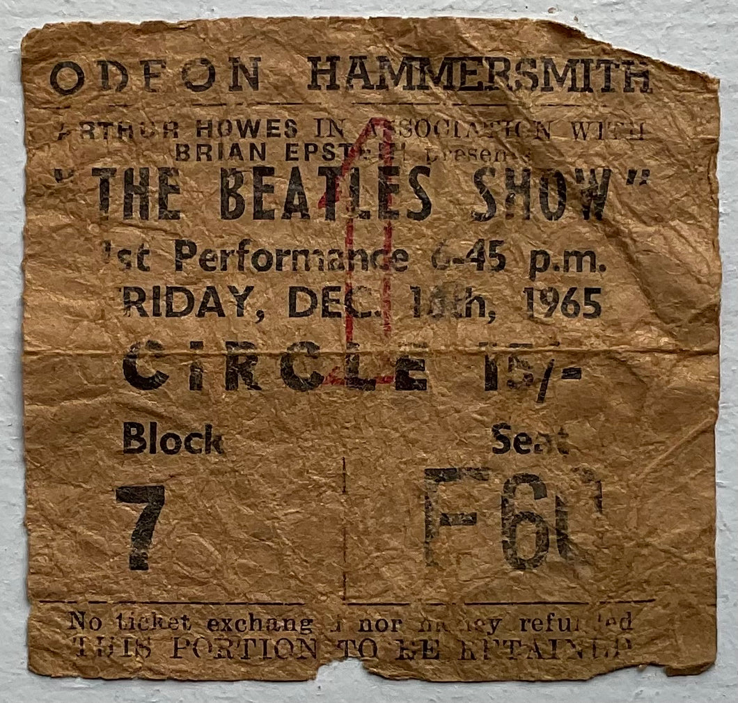 Beatles Original Used Concert Ticket Hammersmith Odeon London 10th Dec 1965