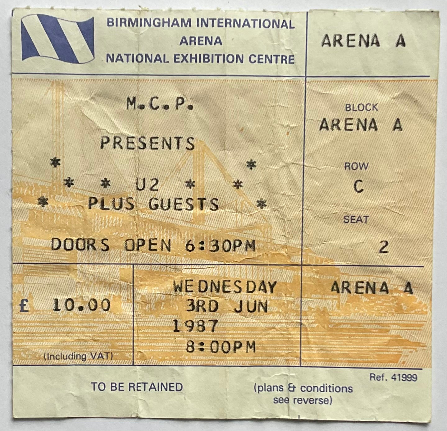 U2 Original Used Concert Ticket NEC Birmingham 3rd June 1987