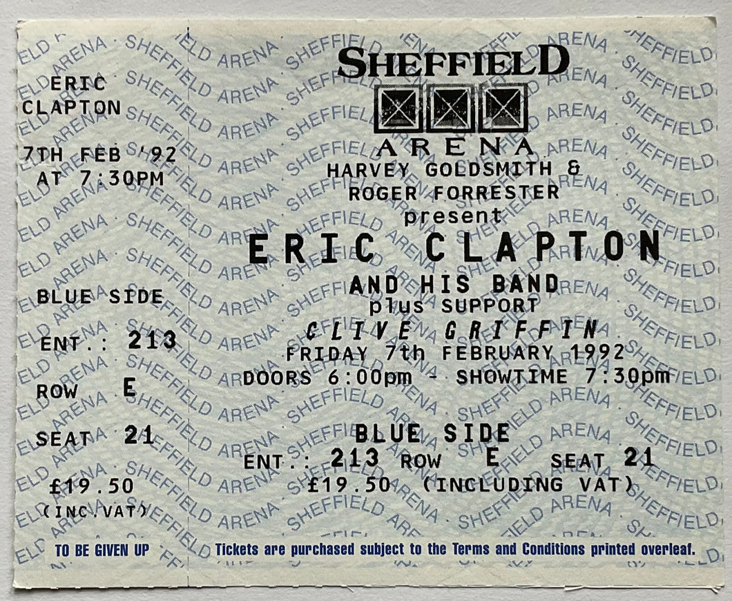 Eric Clapton Original Unused Concert Ticket Sheffield Arena 7th Feb 1992