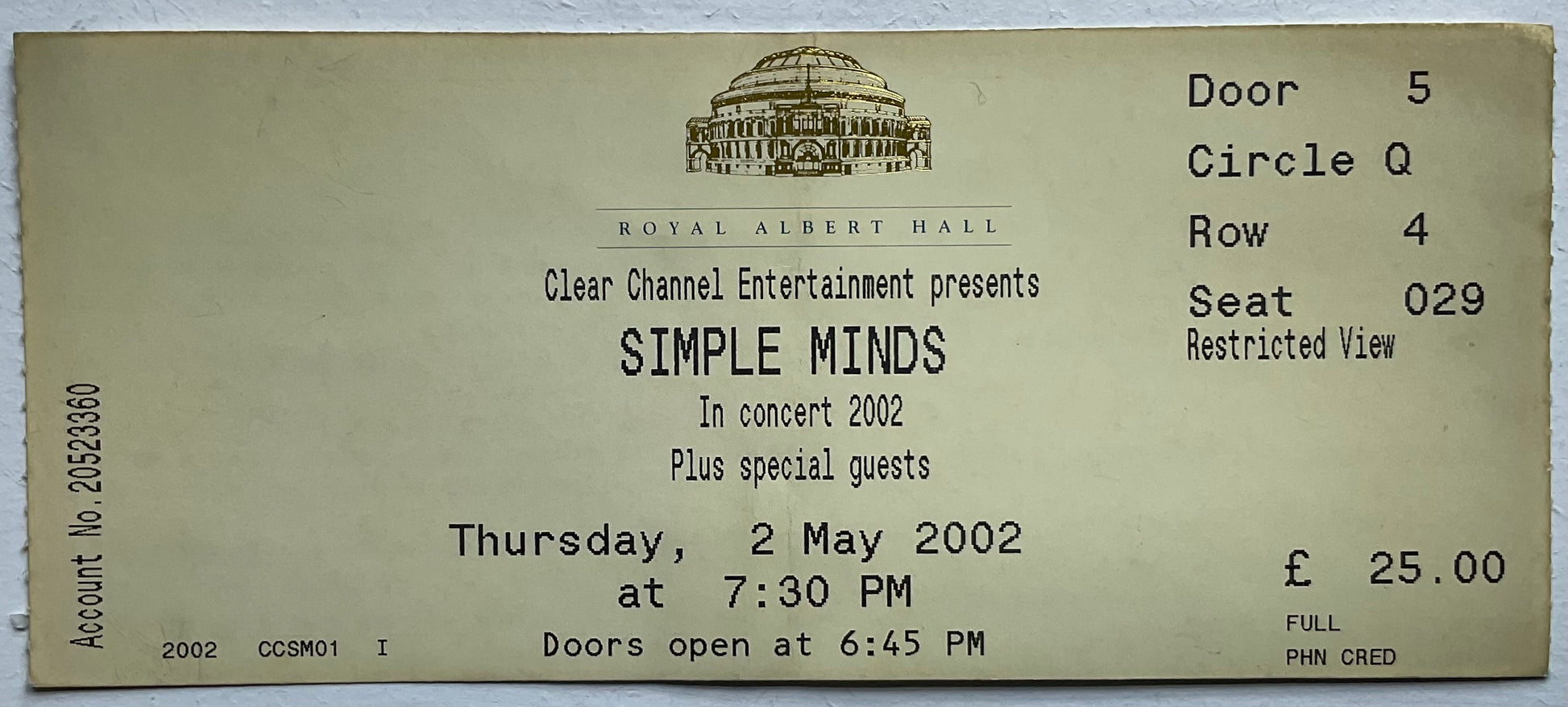 Simple Minds Original Used Concert Ticket Royal Albert Hall London 2nd May 2002