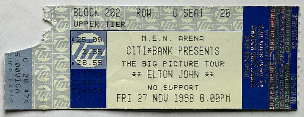 Elton John Original Used Concert Ticket MEN Arena Manchester 27th Nov 1998