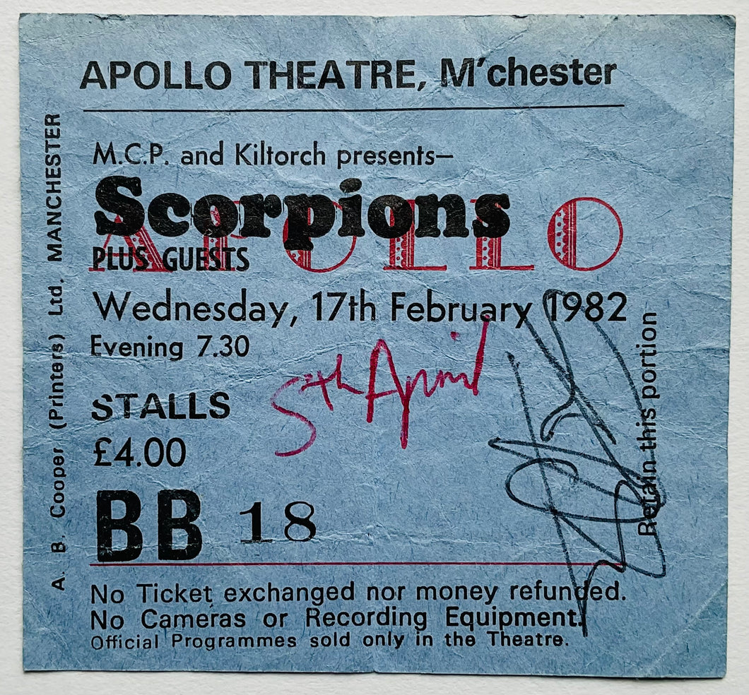 Scorpions Original Signed Used Concert Ticket Apollo Theatre Manchester 5th Apr 1982