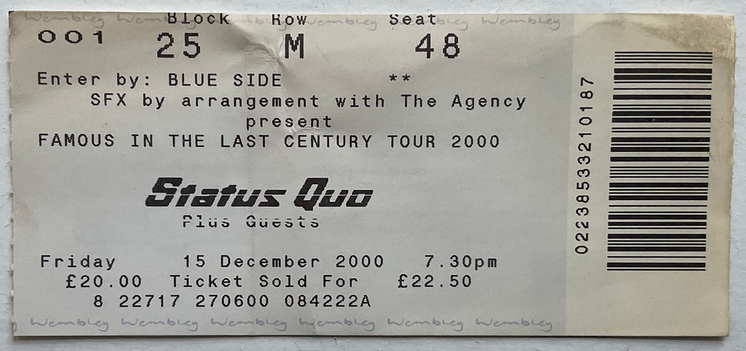 Status Quo Original Used Concert Ticket Wembley Arena London 15th Dec 2000