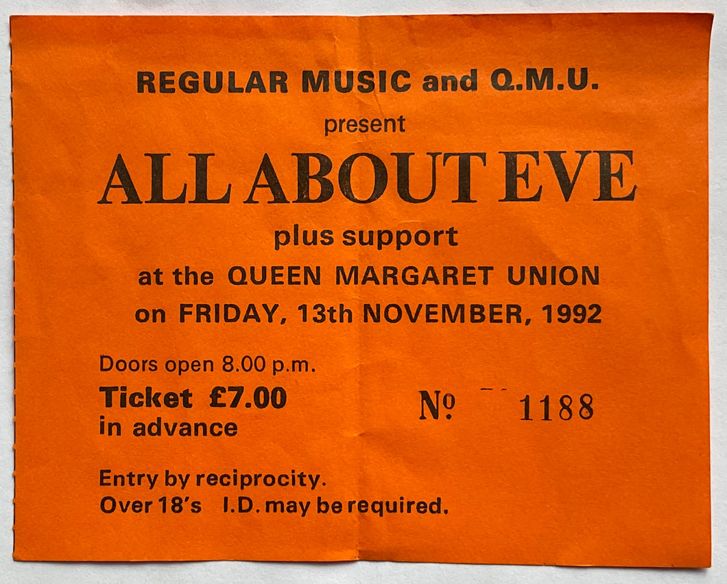 All About Eve Original Used Concert Ticket Queen Margaret Union Glasgow 13th Nov 1992