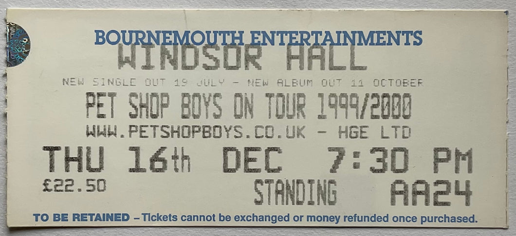 Pet Shop Boys Original Used Concert Ticket BIC Bournemouth 16th Dec 1999