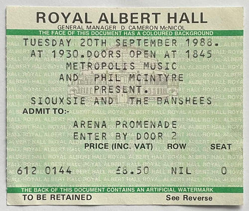 Siouxsie & the Banshees Original Used Concert Ticket Royal Albert Hall London 20th Sept 1988