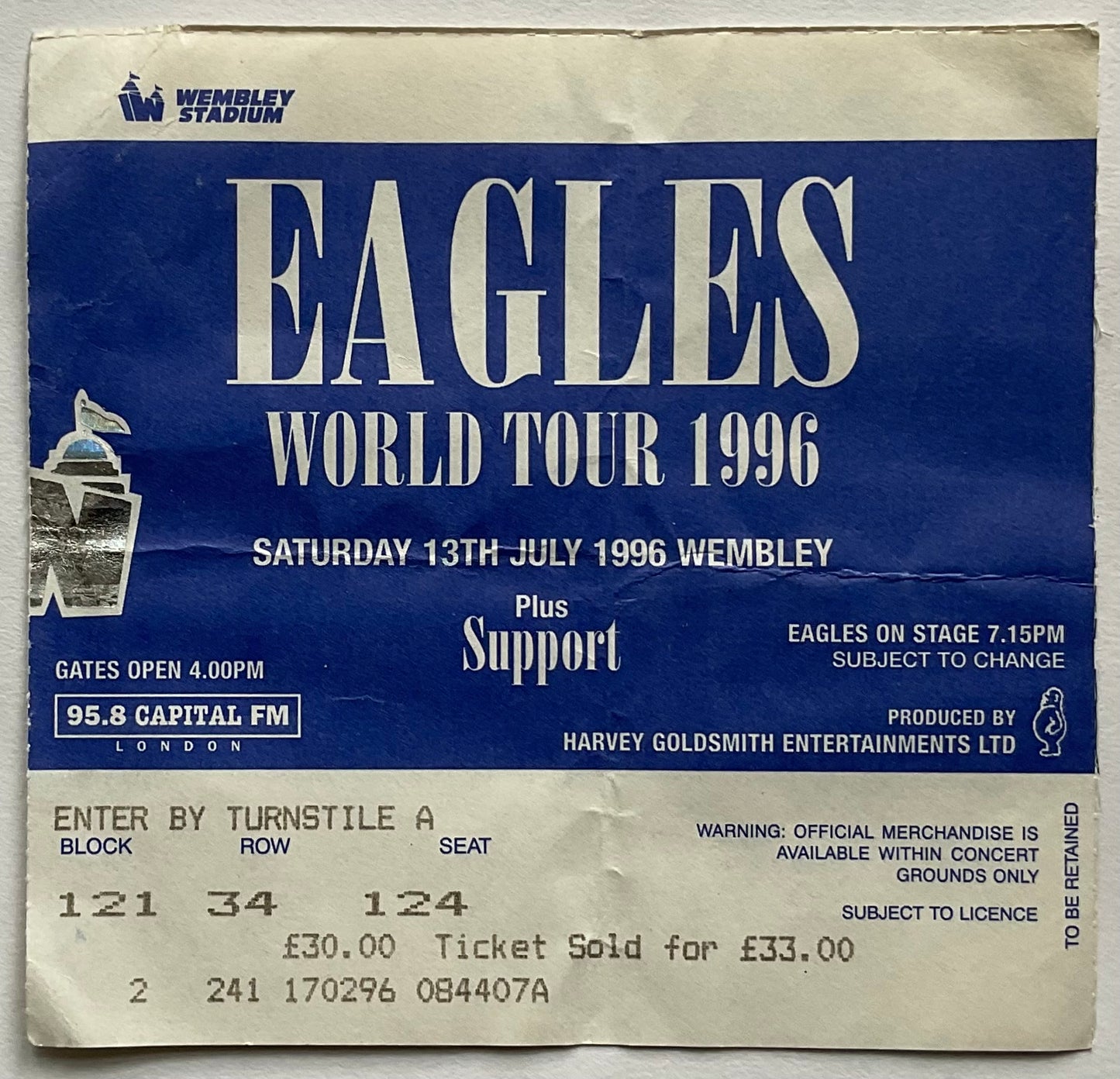 Eagles Original Concert Ticket Wembley Stadium London 13th July 1996