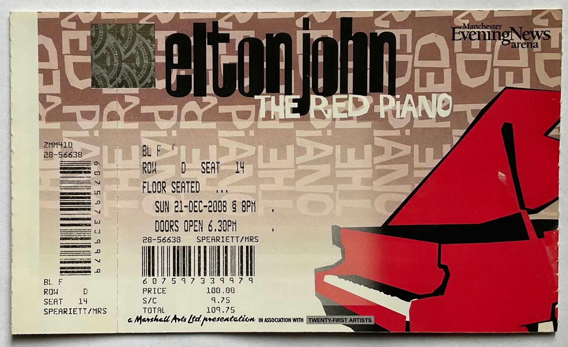 Elton John Original Unused Concert Ticket MEN Arena Manchester 21st Dec 2008