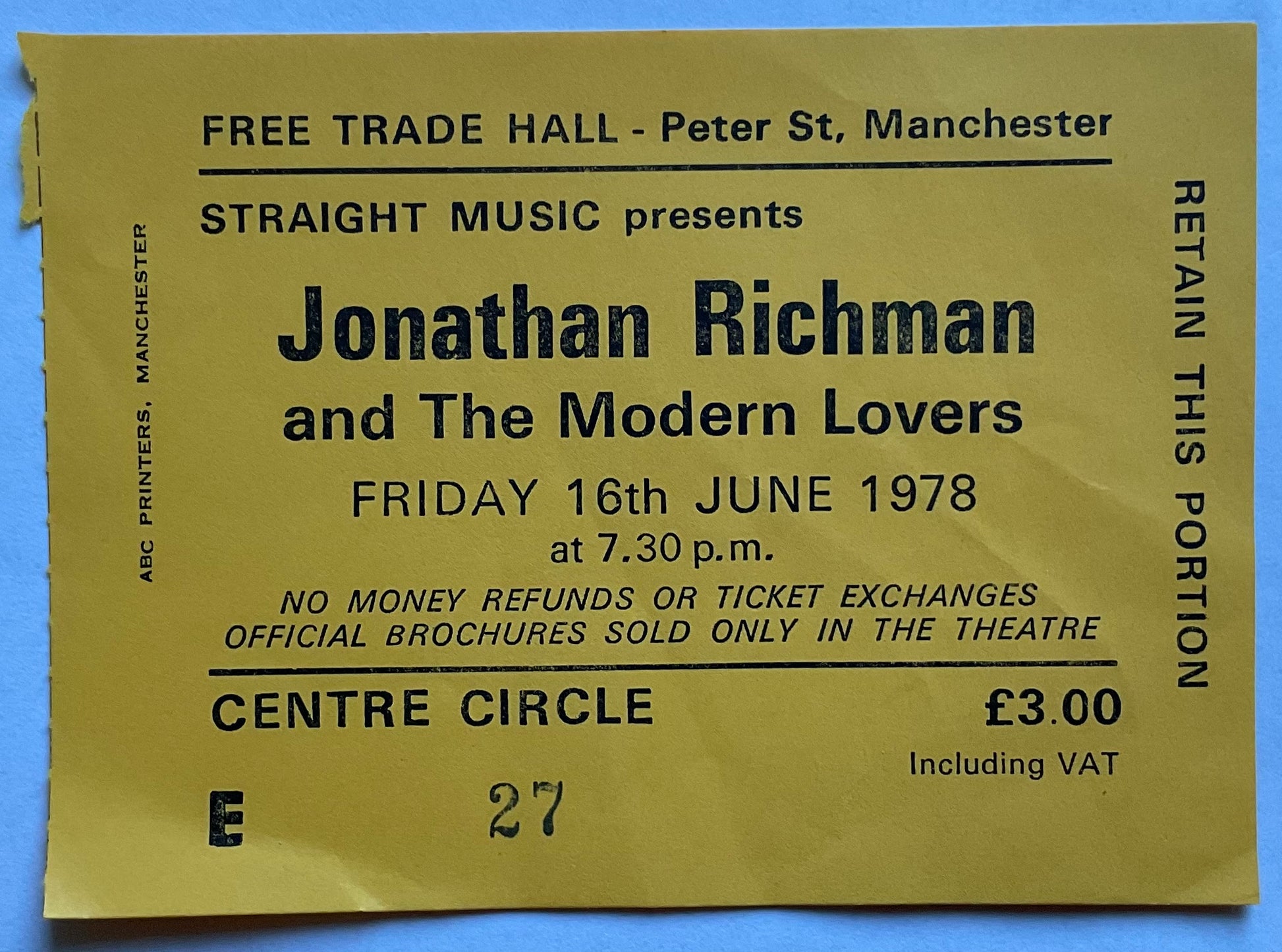 Jonathan Richman Original Complete Concert Ticket Free Trade Hall Manchester 16th Jun 1978