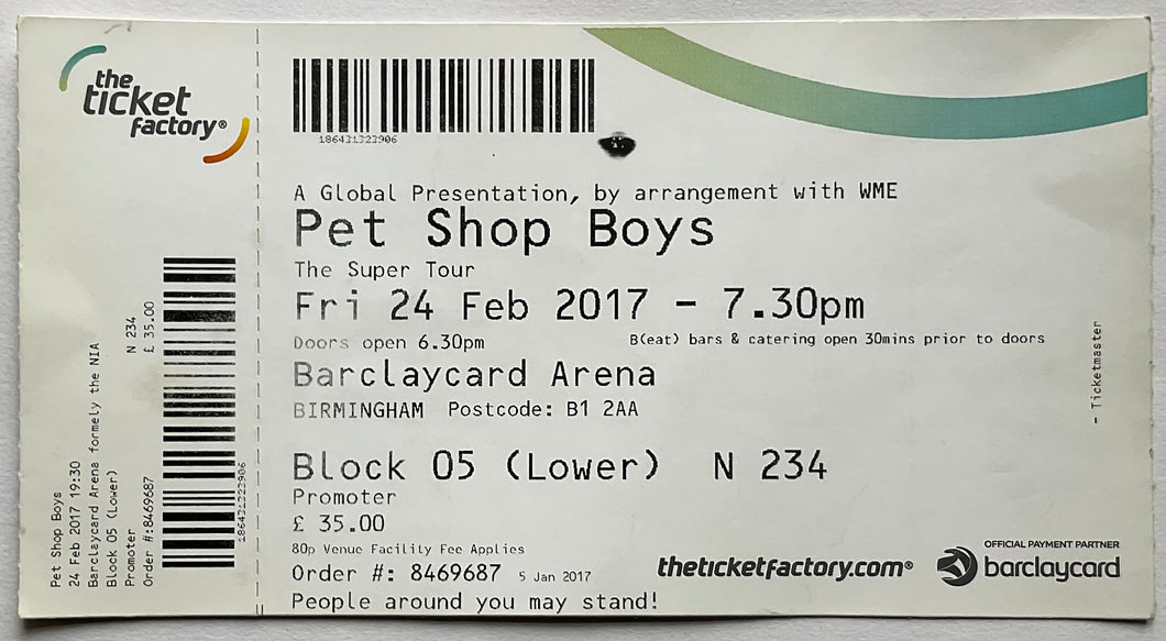 Pet Shop Boys Original Unused Concert Ticket Barclaycard Arena Birmingham 24th Feb 2017