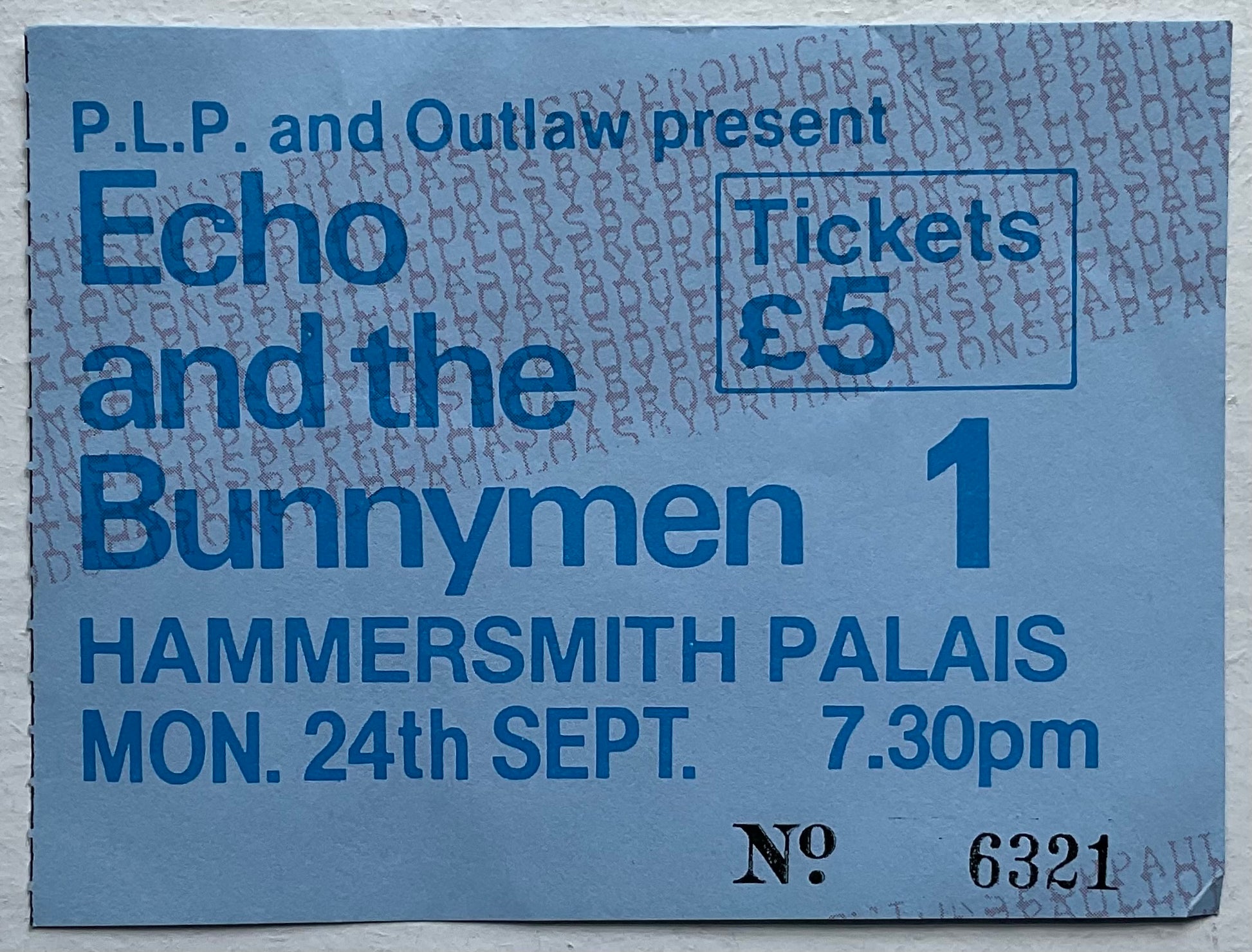 Echo & The Bunnymen Original Used Concert Ticket Hammersmith Palais London 24th Sep 1984