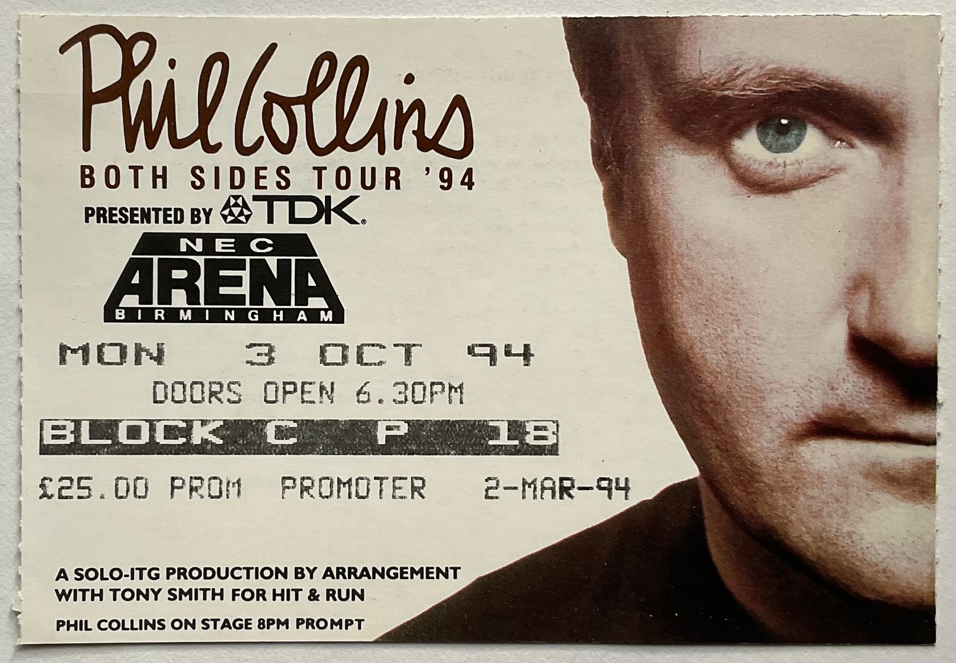 Phil Collins Original Used Concert Ticket NEC Arena Birmingham 3rd Oct 1994
