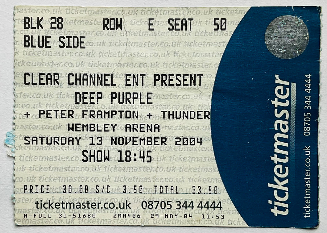 Deep Purple Peter Frampton Original Used Concert Ticket Wembley Arena London 13th Nov 2004