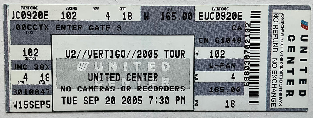 U2 Original Unused Concert Ticket United Center Chicago Illinois 20th Sep 2005