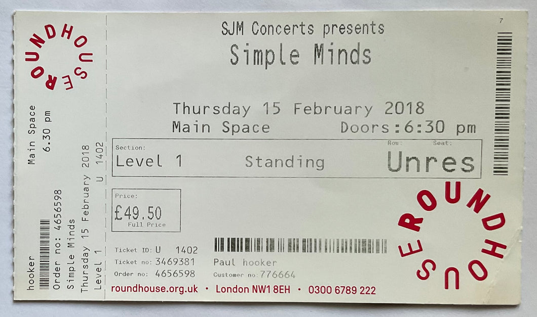 Simple Minds Original Used Concert Ticket Roundhouse London 15th Feb 2018