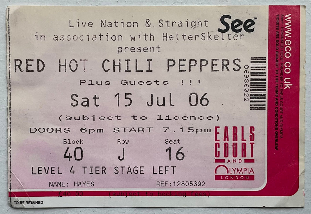 Red Hot Chili Peppers Original Used Concert Ticket Earls Court London 15th Jul 2006