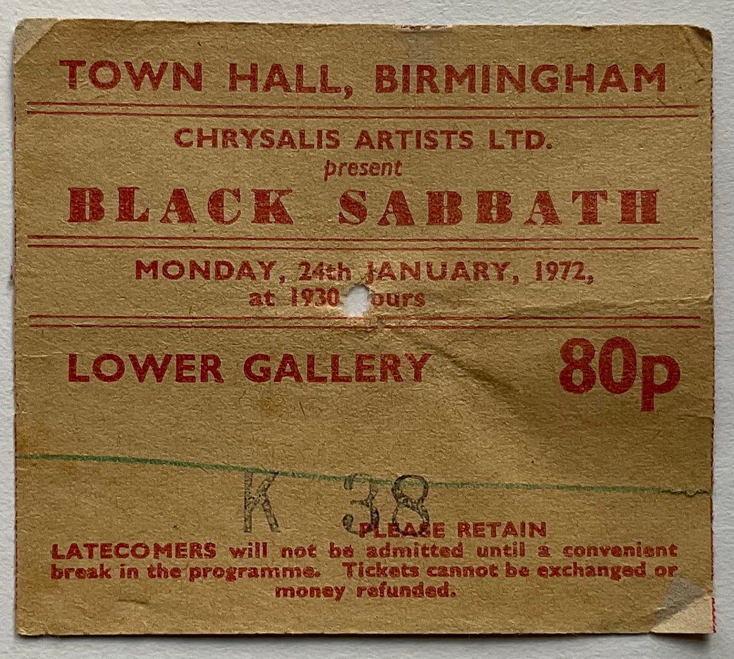 Black Sabbath Original Used Concert Ticket Town Hall Birmingham 24th Jan 1972