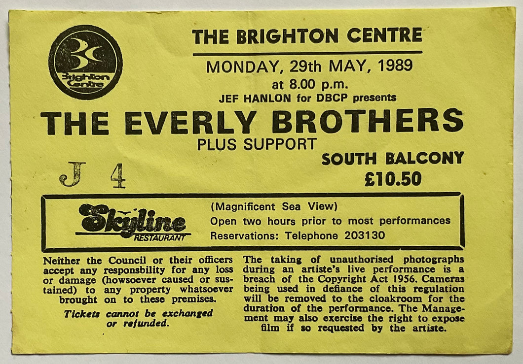 Everly Brothers Original Concert Ticket Brighton Centre 29th May 1989