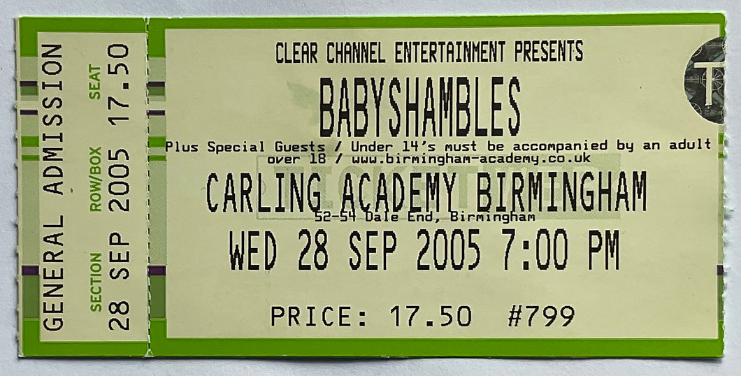 Babyshambles Original Unused Concert Ticket Carling Academy Birmingham 28th Sep 2005