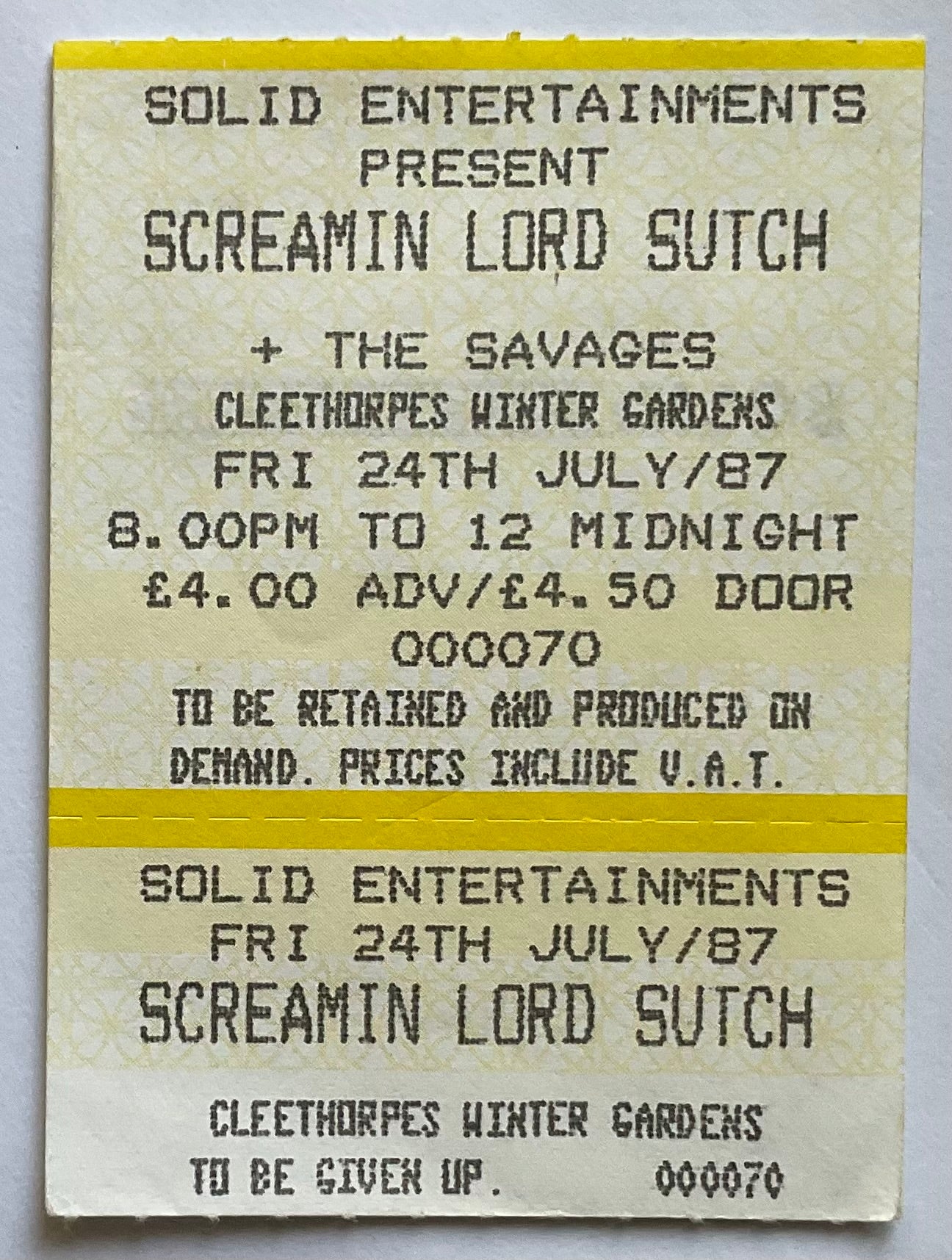 Screaming Lord Sutch Original Unused Concert Ticket Winter Gardens Cleethorpes 24th Jul 1987